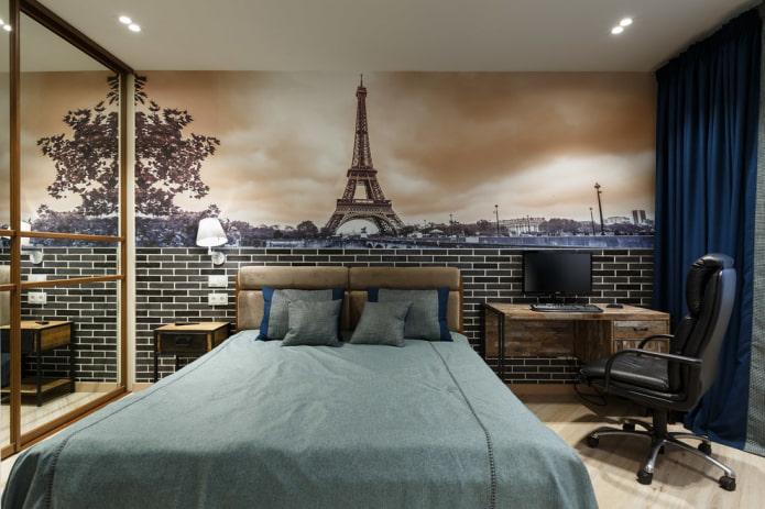 combination of photowall-paper and brick decoration combination of photowall-paper and brick decoration