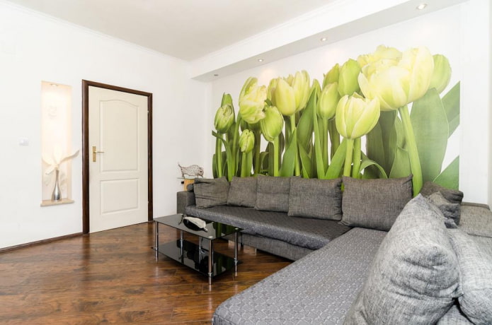 light green wallpaper combined with a wooden floor