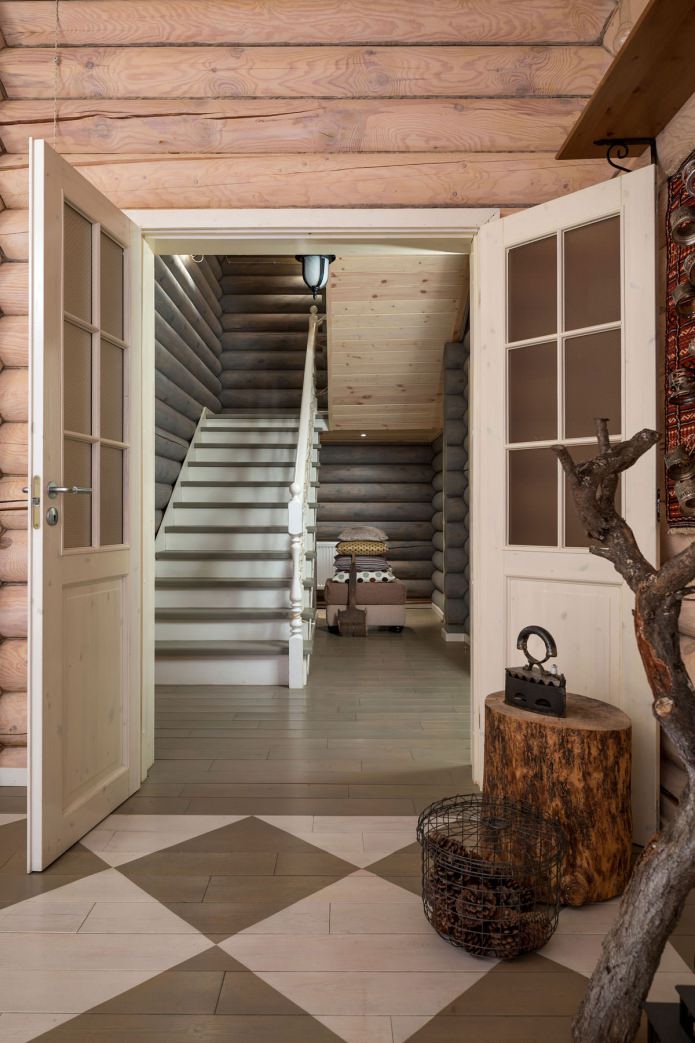 design of a hallway in a wooden house made of logs design of a hallway in a wooden house made of logs