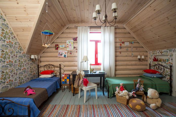 design of a nursery in a wooden log house design of a nursery in a wooden log house