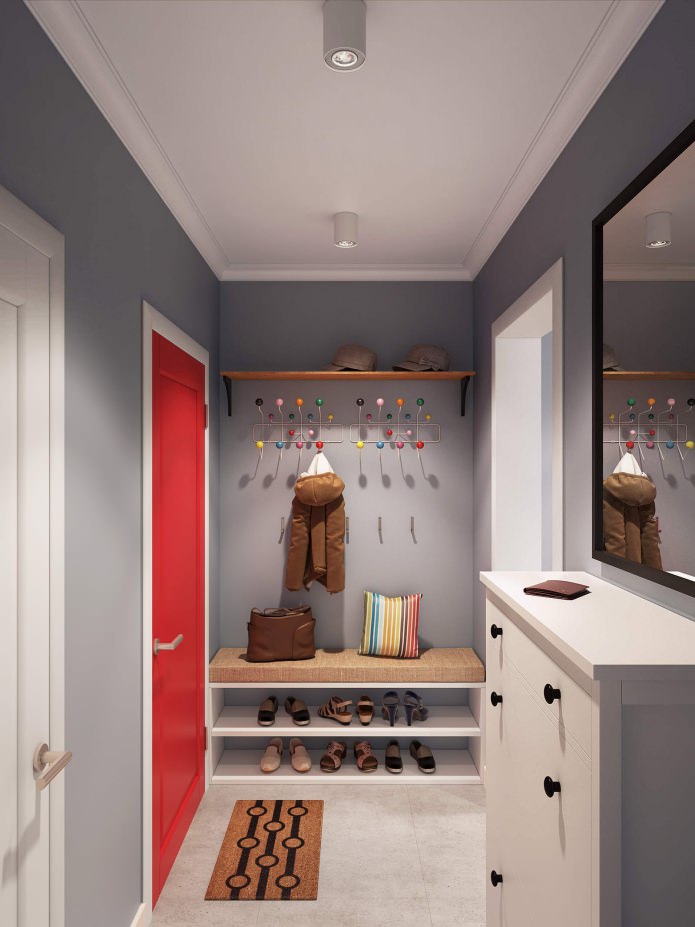 hallway interior with red entrance door