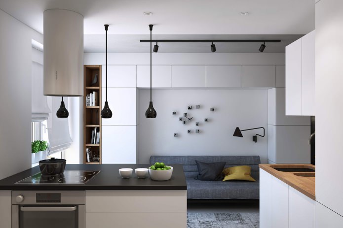 design of a kitchen-living room in a studio apartment of 43 sq. m. design of a kitchen-living room in a studio apartment of 43 sq. m.