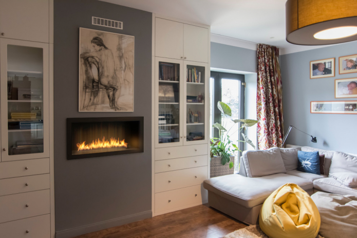 Rectangular biofireplace built into the wall