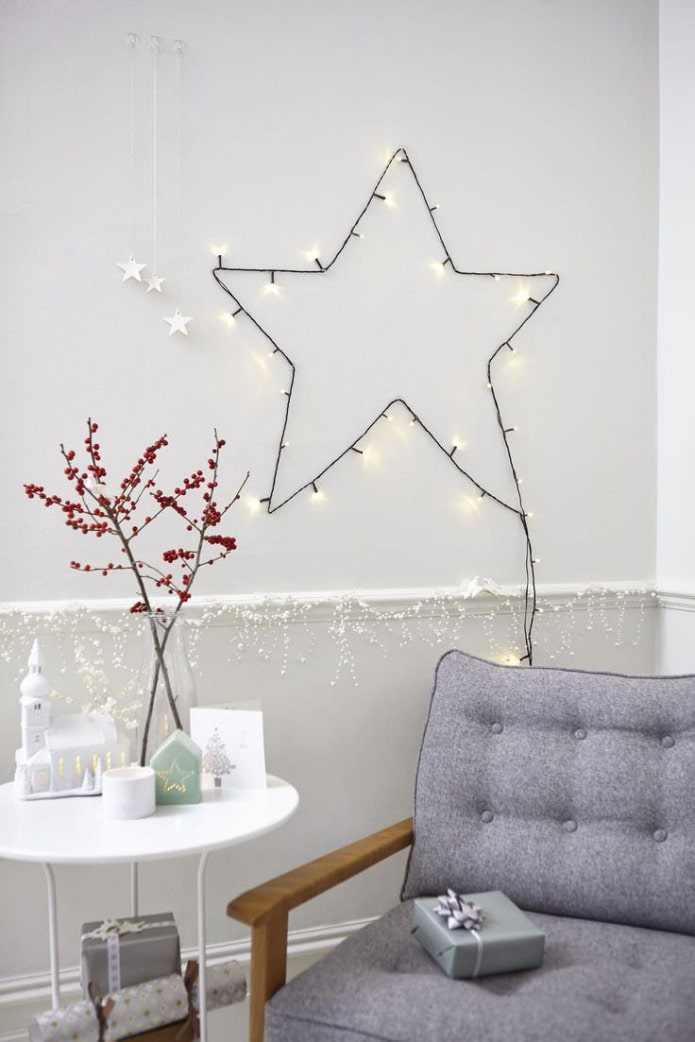 drawing on the wall in the form of a star using a garland drawing on the wall in the form of a star using a garland