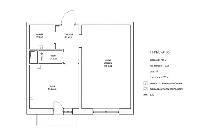 layout of a one-room apartment 38 sq. m. in the house of the KOPE series layout of a one-room apartment 38 sq. m. in the house of the KOPE series