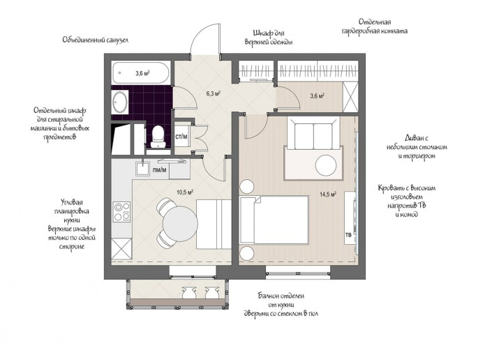 plan for the arrangement of furniture in a one-room apartment of 38 sq. m. in the house of the KOPE series plan for the arrangement of furniture in a one-room apartment of 38 sq. m. in the house of the KOPE series