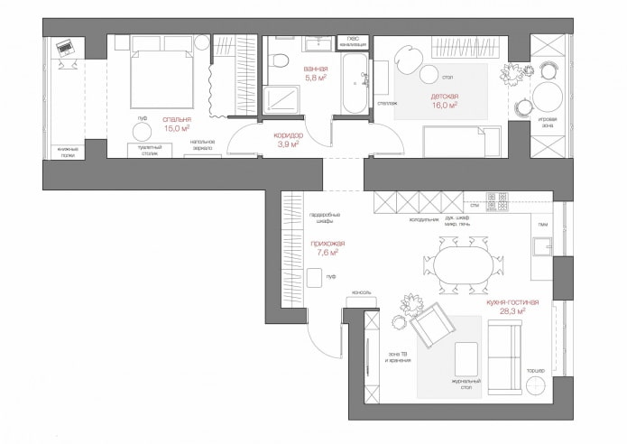 layout of a three-room apartment 80 sq. m. with furniture arrangement layout of a three-room apartment 80 sq. m. with furniture arrangement