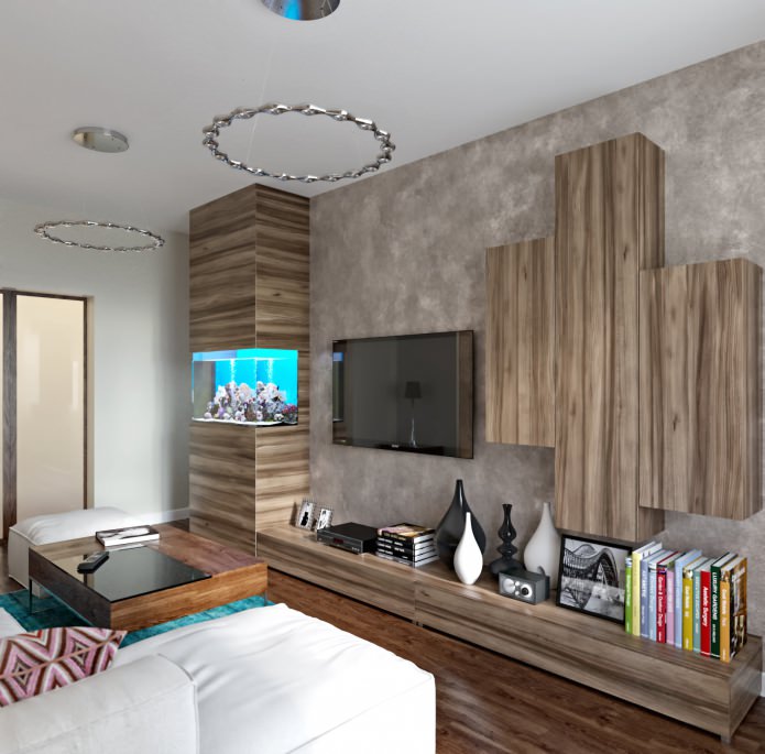 living room design with aquarium