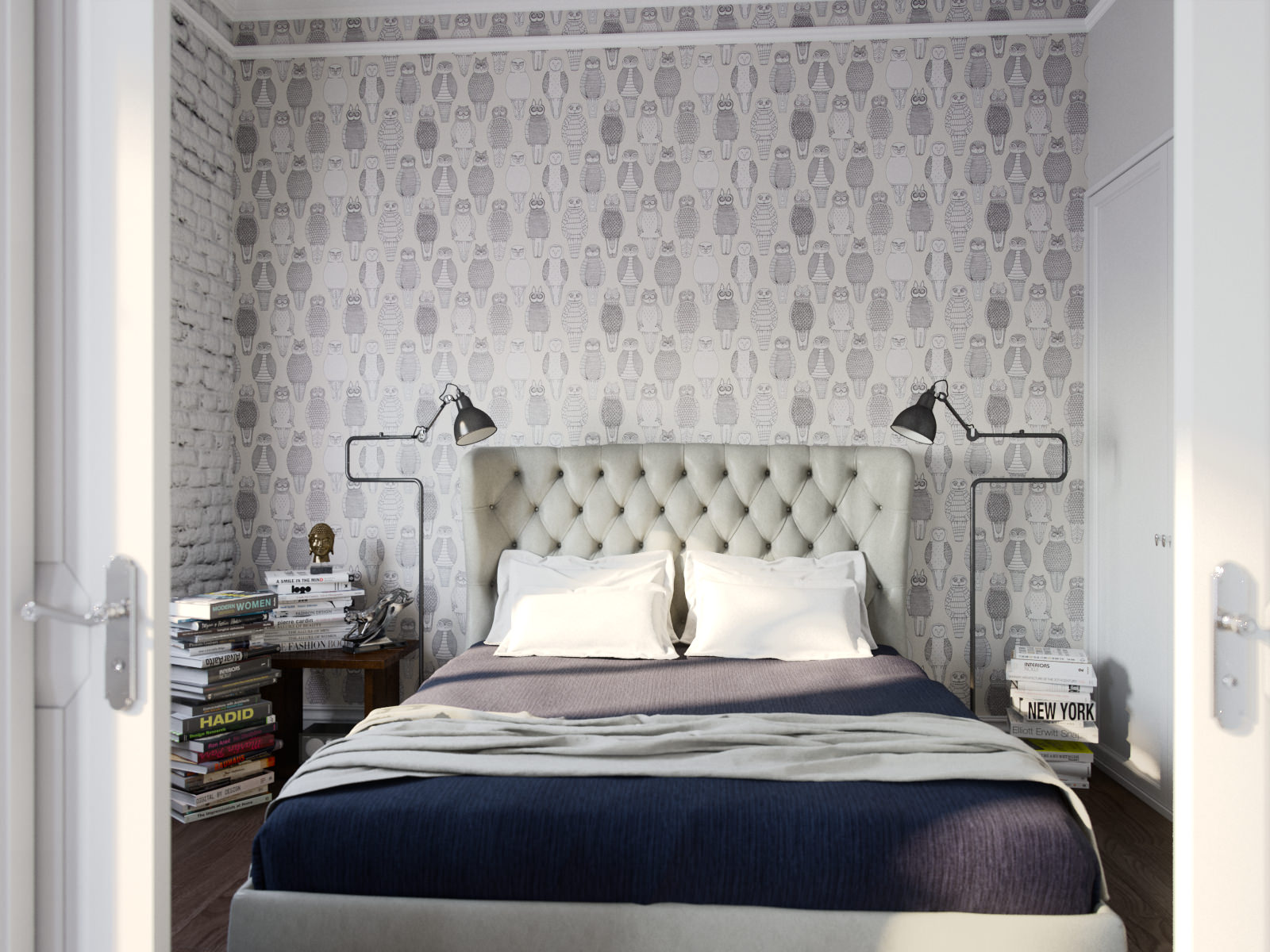 bedroom design with gray wallpaper