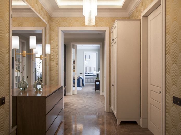 hallway interior with golden wallpaper