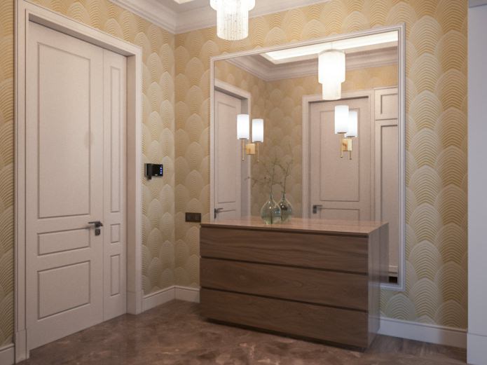 hallway interior with golden wallpaper