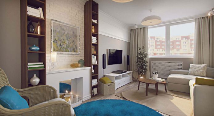 living room with a false fireplace in a one-room apartment of 43 sq. m.