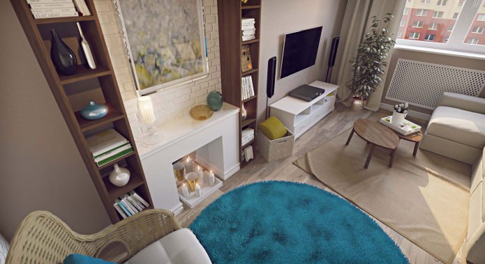 living room with a false fireplace in a one-room apartment of 43 sq. m.