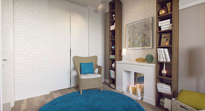 wicker chair and false fireplace in the living room interior