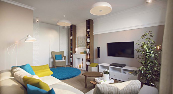 living room interior in a studio apartment of 43 sq. m.