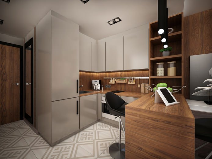 kitchen area in the interior of a studio apartment