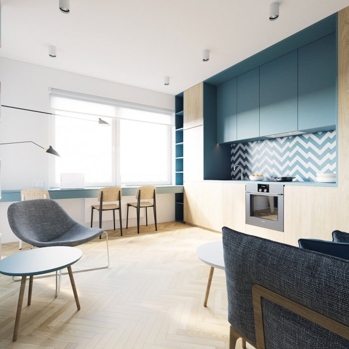 kitchen in a studio apartment of 40 sq. m. in turquoise colors