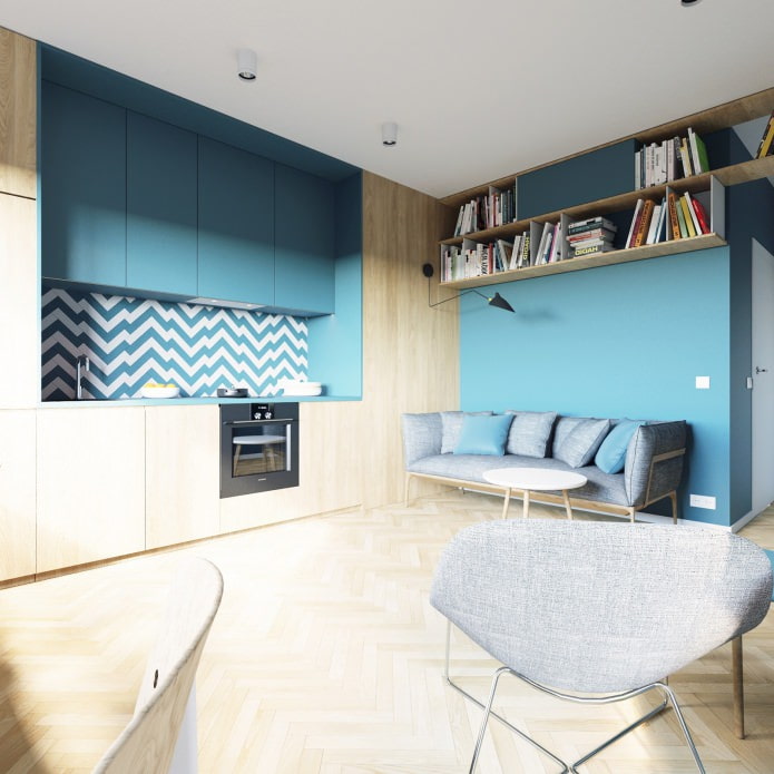 interior of a studio apartment of 40 sq. m. in white and turquoise colors