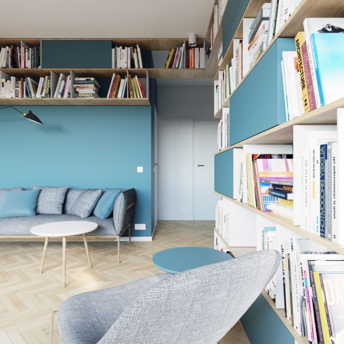 design of a studio apartment of 40 sq. m. in white and turquoise colors
