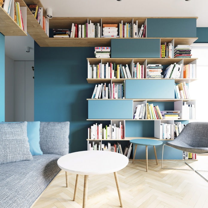 design of a studio apartment of 40 sq. m. in white and turquoise colors