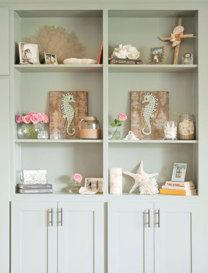 decor items on the shelves