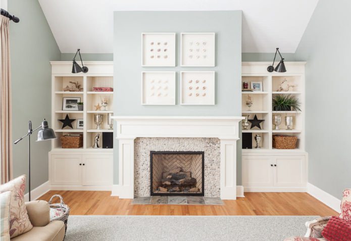 decor items on the shelves in the living room