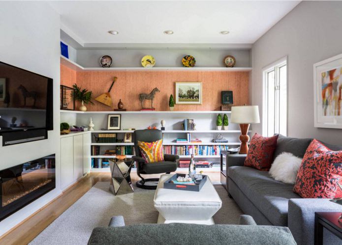 decor items on the shelves in the living room