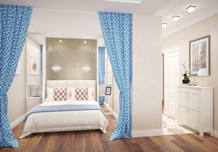 bedroom in the design of a studio apartment of 46 sq. m.