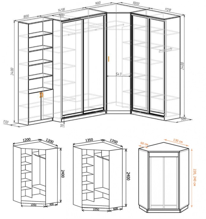 Examples of layouts of corner cabinets with dimensions Examples of layouts of corner cabinets with dimensions