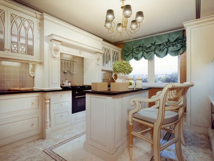 interior of a small kitchen with a bar