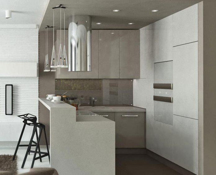 interior of a small kitchen with a bar