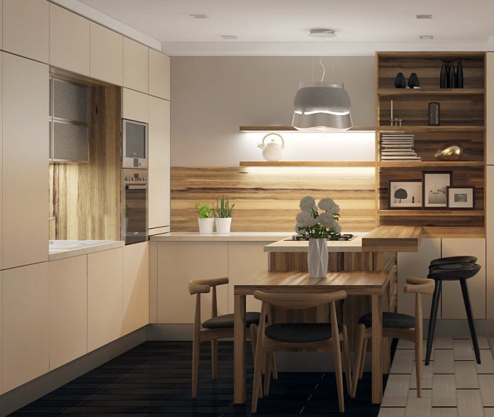 interior of a small kitchen with a bar