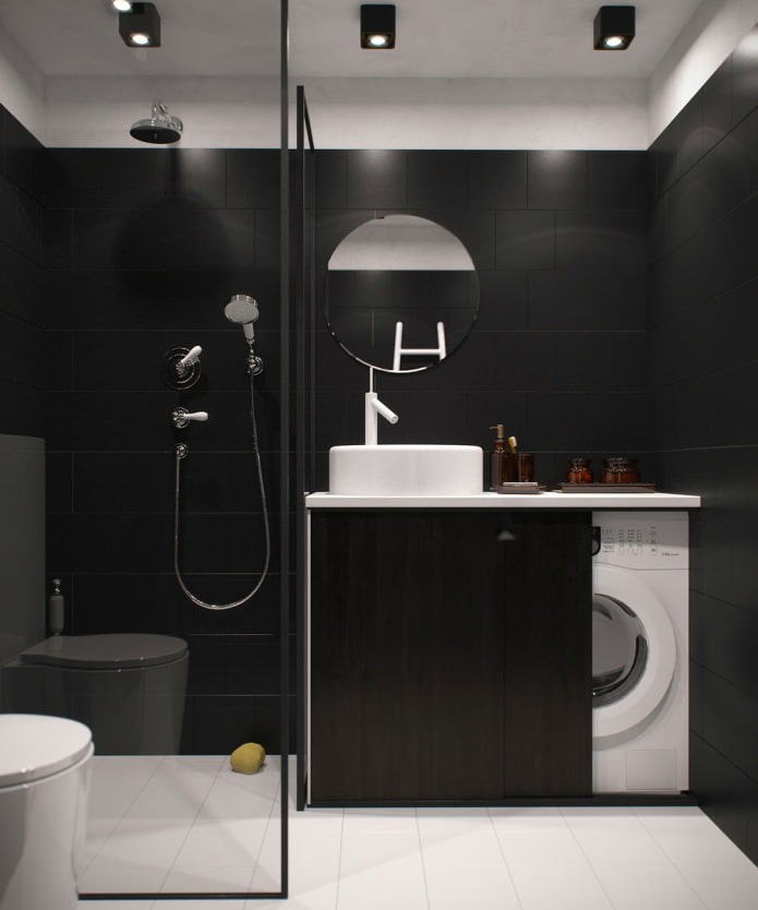 design of a bathroom in a studio apartment with high ceilings