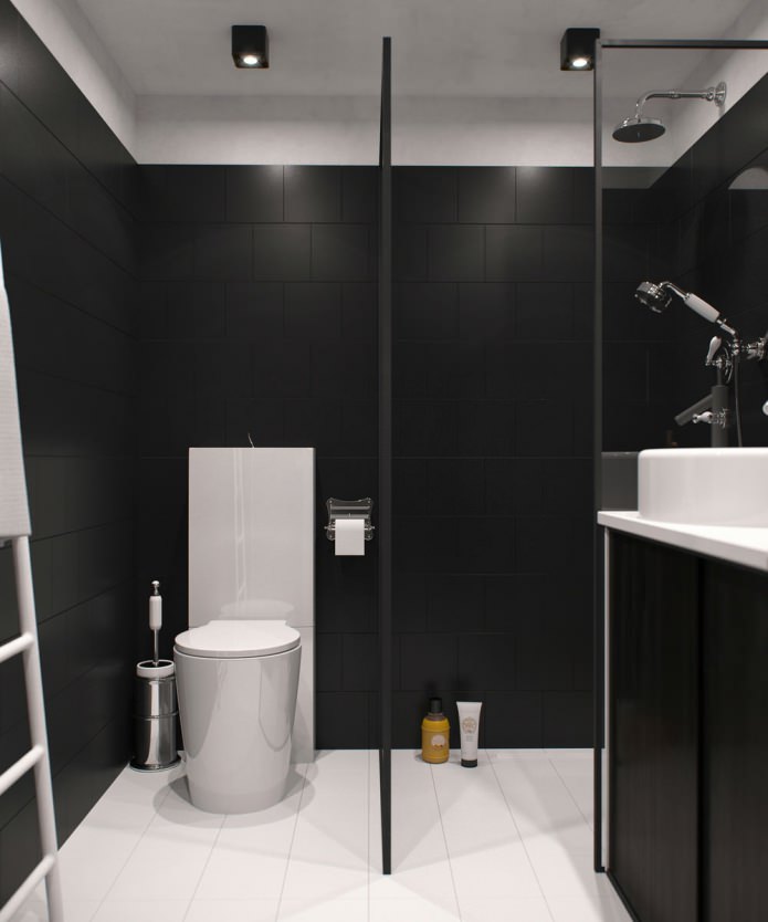 design of a bathroom in a studio apartment with high ceilings
