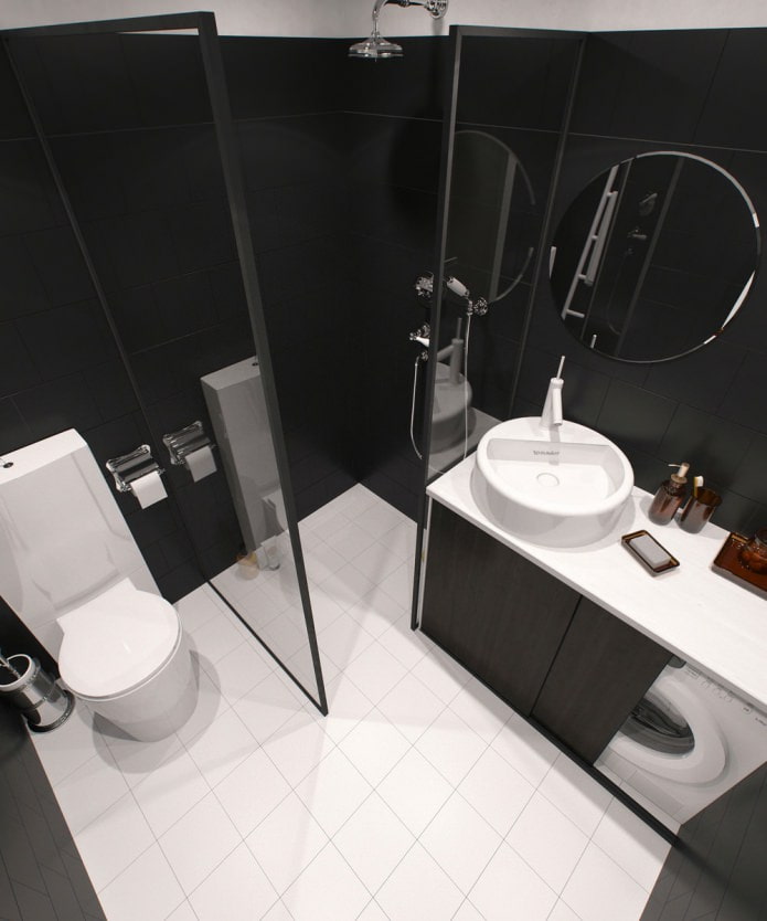 design of a bathroom in a studio apartment with high ceilings