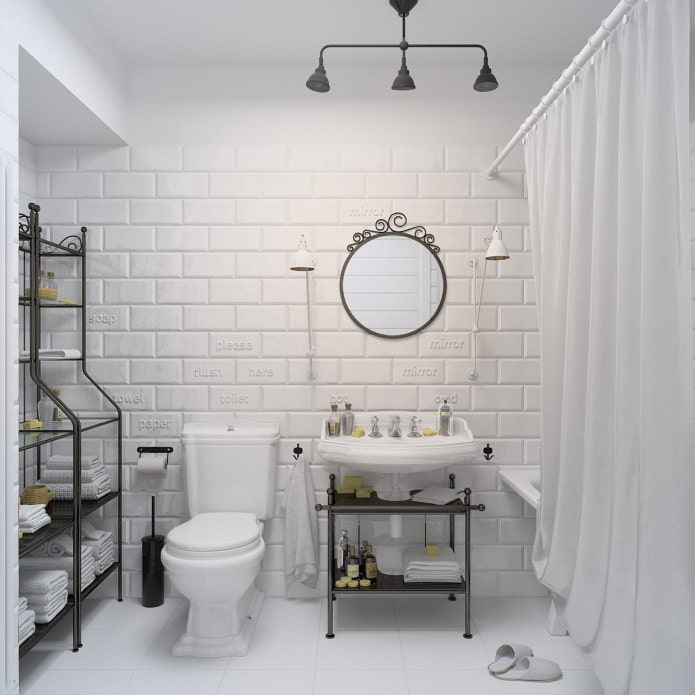 bathroom in white with bricks tiles