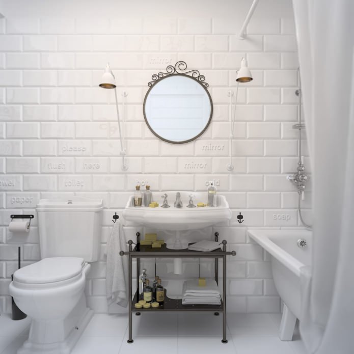 bathroom in white with bricks tiles