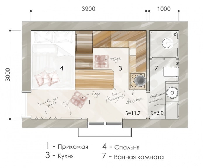 The layout of the apartment is 15 sq. m. The layout of the apartment is 15 sq. m.