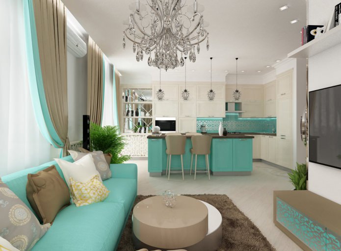 Tiffany color in the interior of a studio apartment