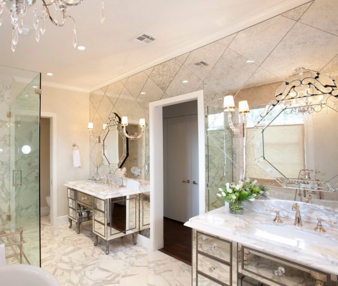 Mirror tiles in the bathroom interior