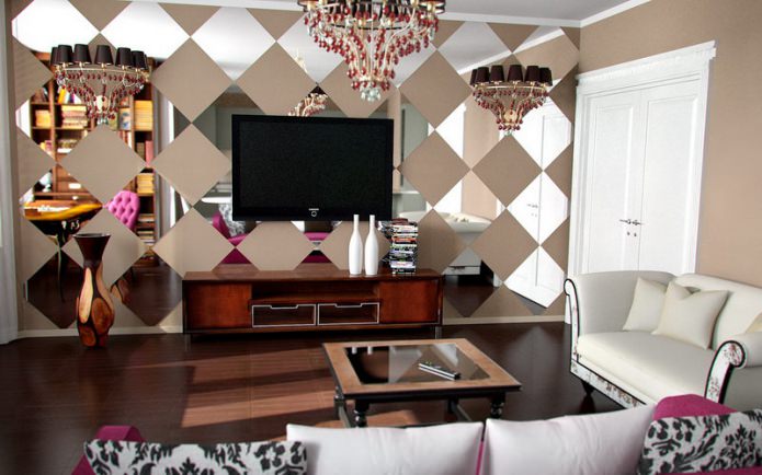 Mirror tiles in the interior of the living room