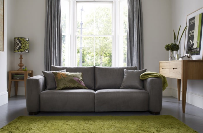 living room with gray sofa