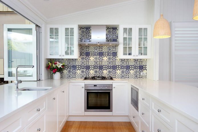 Patchwork tiles on the kitchen apron