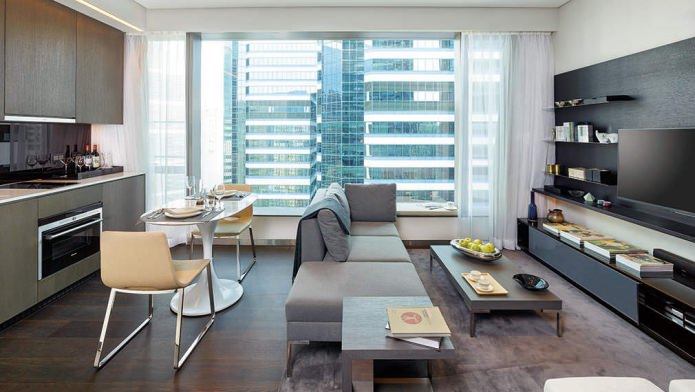 kitchen-living room interior with panoramic windows