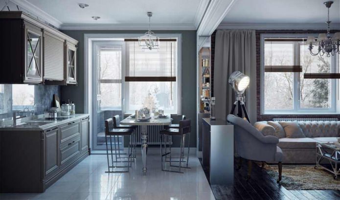 Combined kitchen-living room with bar counter