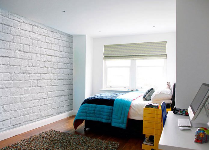 Wallpaper under white brick in the design of the nursery Wallpaper under white brick in the design of the nursery