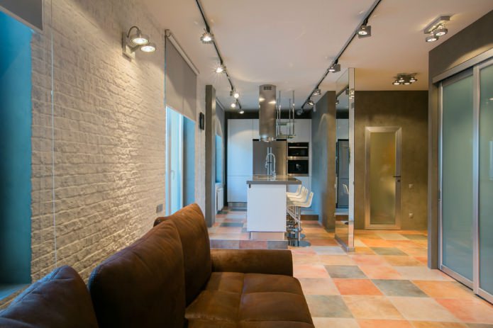 Wallpaper under white brick in the design of the living room Wallpaper under white brick in the design of the living room