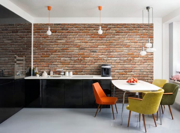 Wallpaper under red brick in kitchen design Wallpaper under red brick in kitchen design