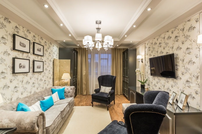 light wallpaper in the living room with floral ornaments light wallpaper in the living room with floral ornaments