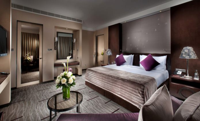 Brown and purple color in the interior of the bedroom Brown and purple color in the interior of the bedroom